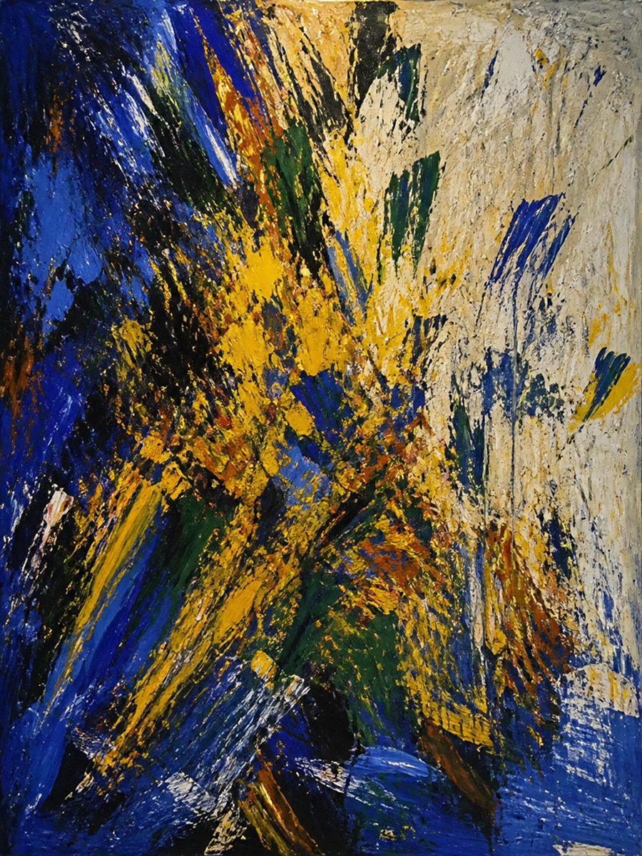 Expressive abstract painting in blue, yellow, green, black, and cream