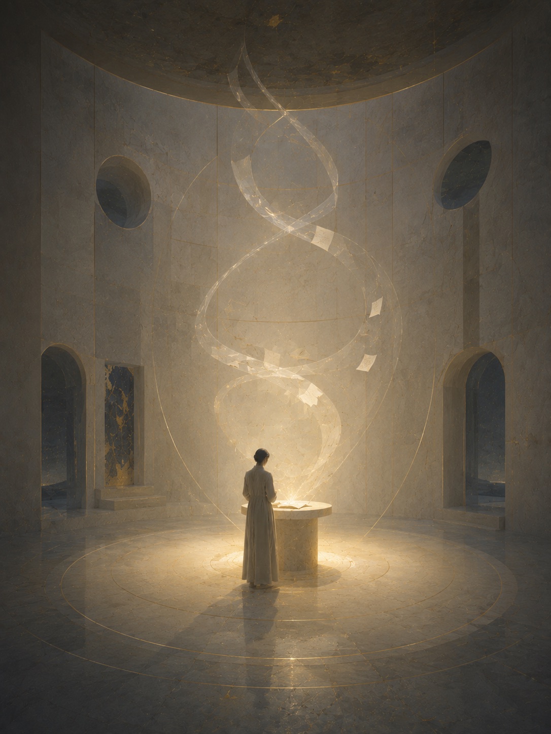 A quiet reflective figure in a warm stone room with soft light.