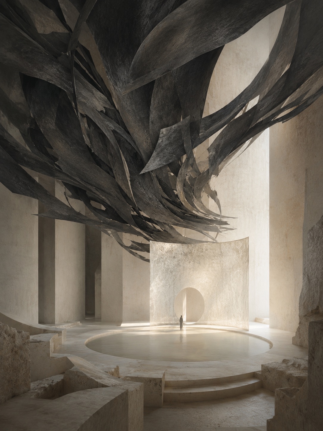 A quiet reflective figure near tall stone forms and warm light.