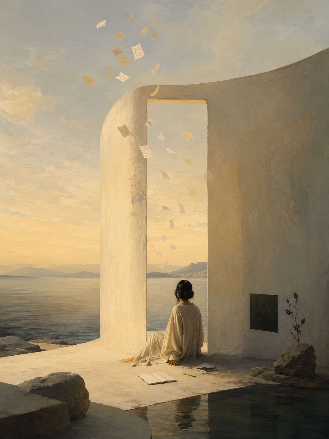 A quiet reflective figure in a sunlit architectural room.