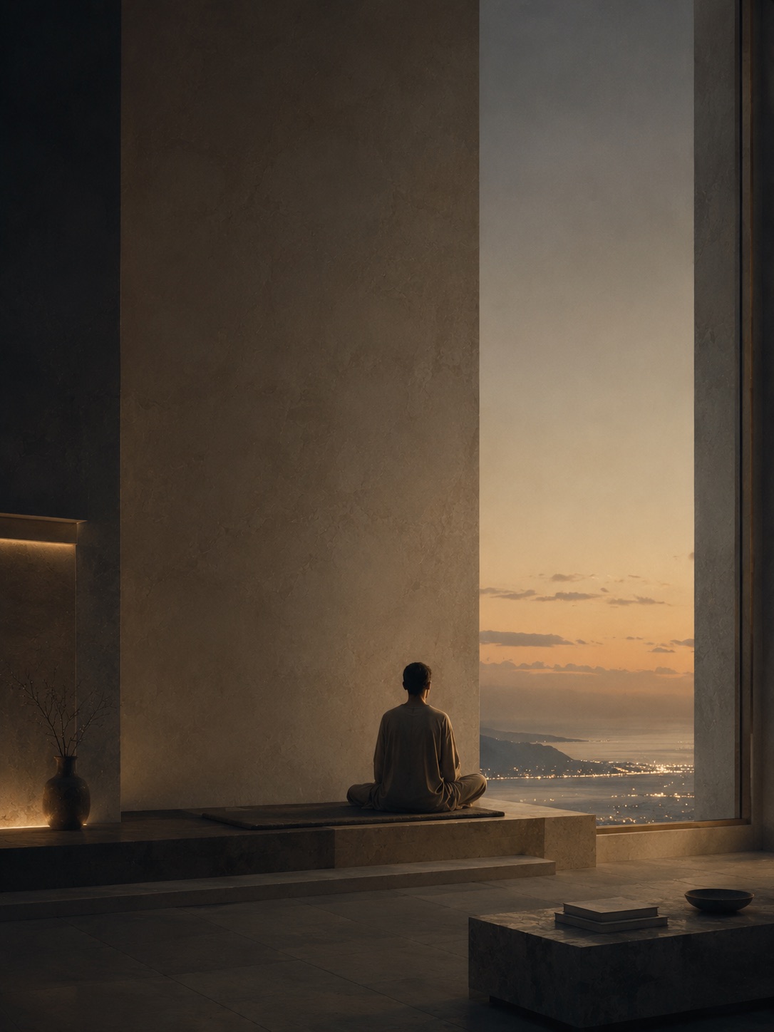 A quiet reflective figure sitting near a window at dusk.