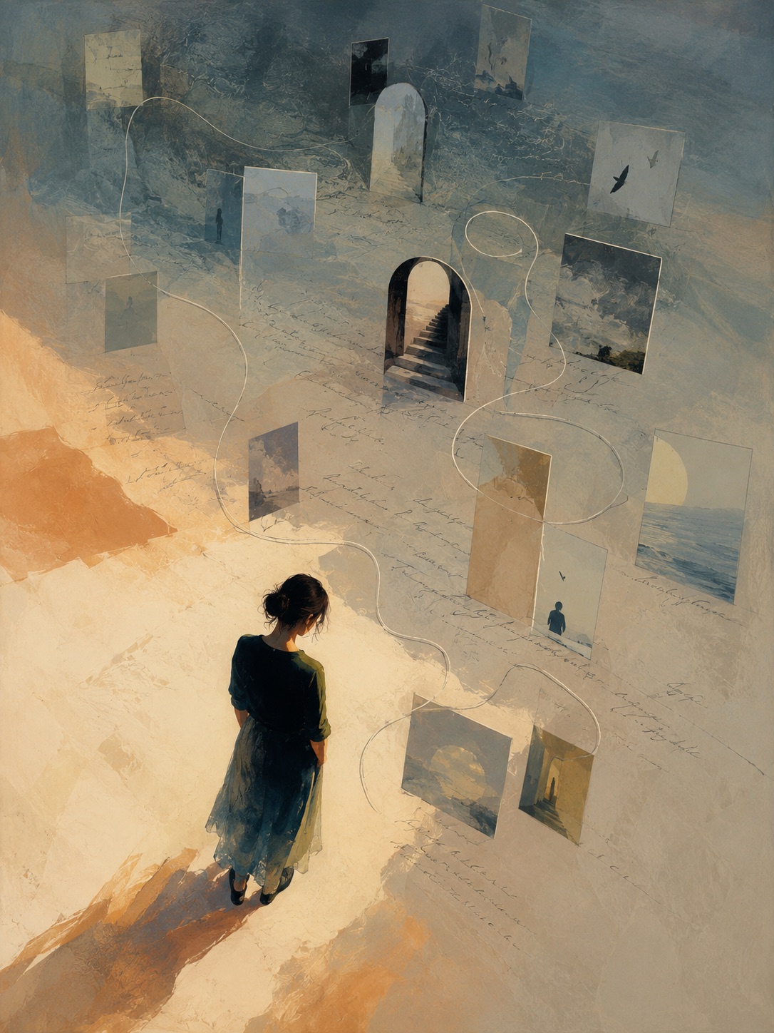 A quiet reflective figure sitting beside tall stone walls and soft evening light.