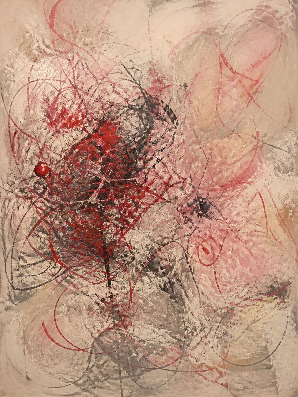 Abstract cream, pink, red, and charcoal painting titled Still Rewriting It